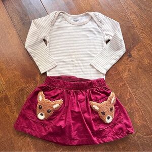 Oshkosh B’Gosh GENUINE KIDS 12M Maroon Deer Appliqué Pocket Skirt w FREE Onesie